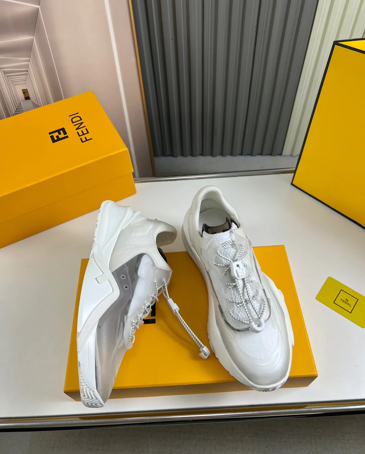Fendi White Sculpted Sole Translucent Mesh Overlay Chunky Sneakers 5