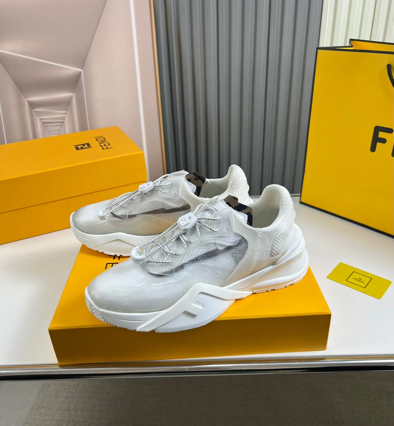 Fendi White Sculpted Sole Translucent Mesh Overlay Chunky Sneakers 9