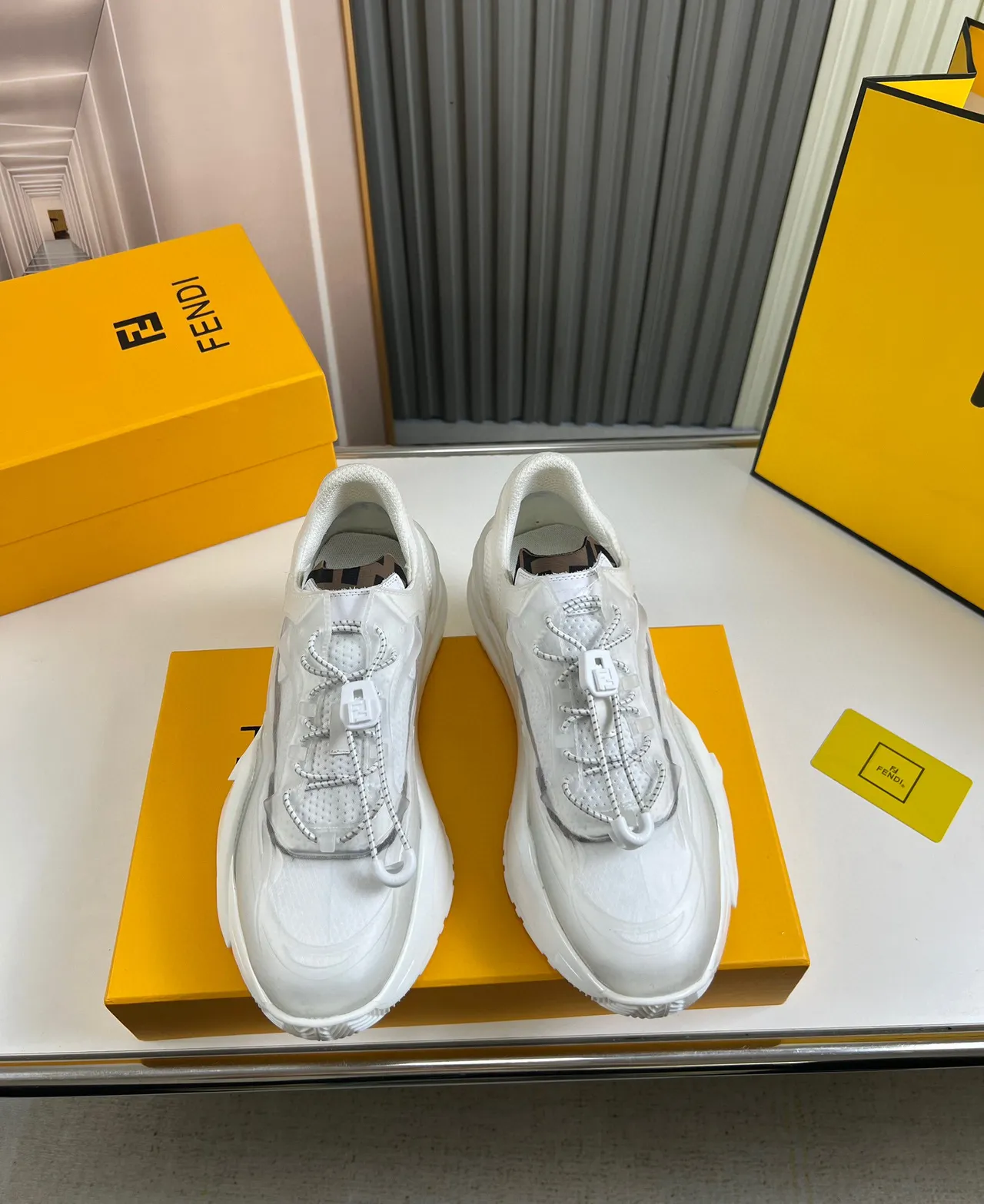 Fendi White Sculpted Sole Translucent Mesh Overlay Chunky Sneakers 8