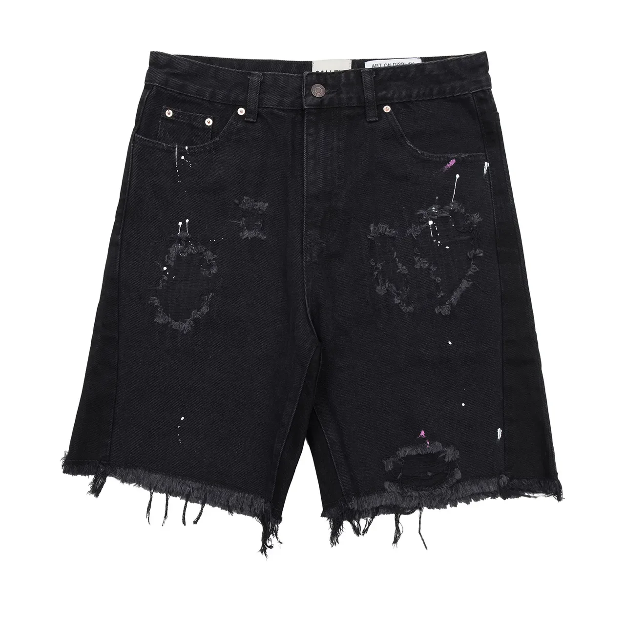 Gallery Dept Shorts de Denim Preto com Salpicaduras de Tinta e Desgastados 2
