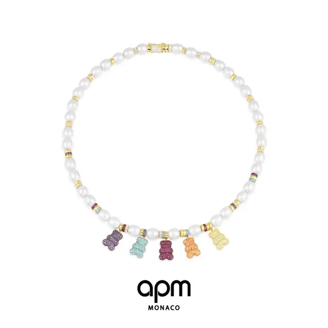 apm Monaco White Multicolor Pearl Strand Enamel Bear Charms Necklace 4