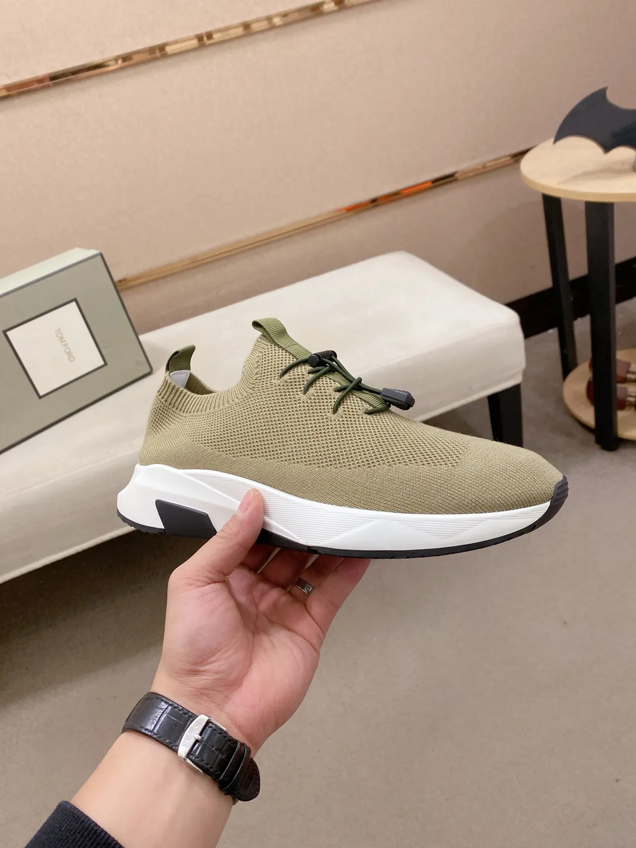 Army Green White Knit Sock-Fit Upper Toggle-Lace Closure Sneakers 4