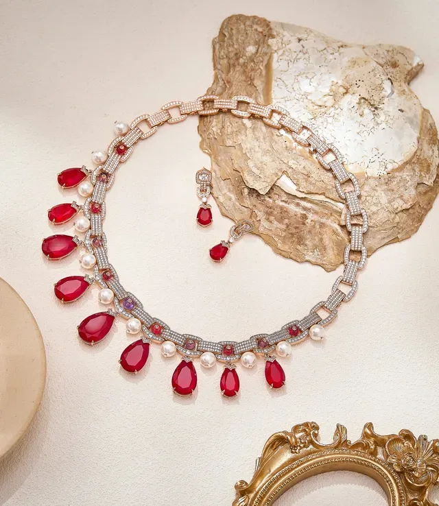 Articulated Chain-Link Teardrop Red Gemstone Earrings 8