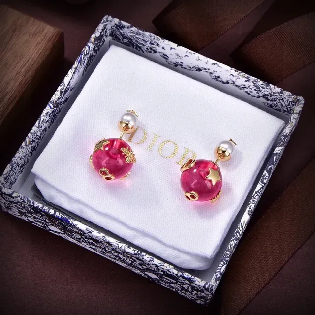 Asymmetrical Pink and Red Resin Sphere Pearl Drop Earrings 2