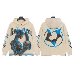 Beige Blue Oversized Fit Graphic-Print Front And Back Hoodie