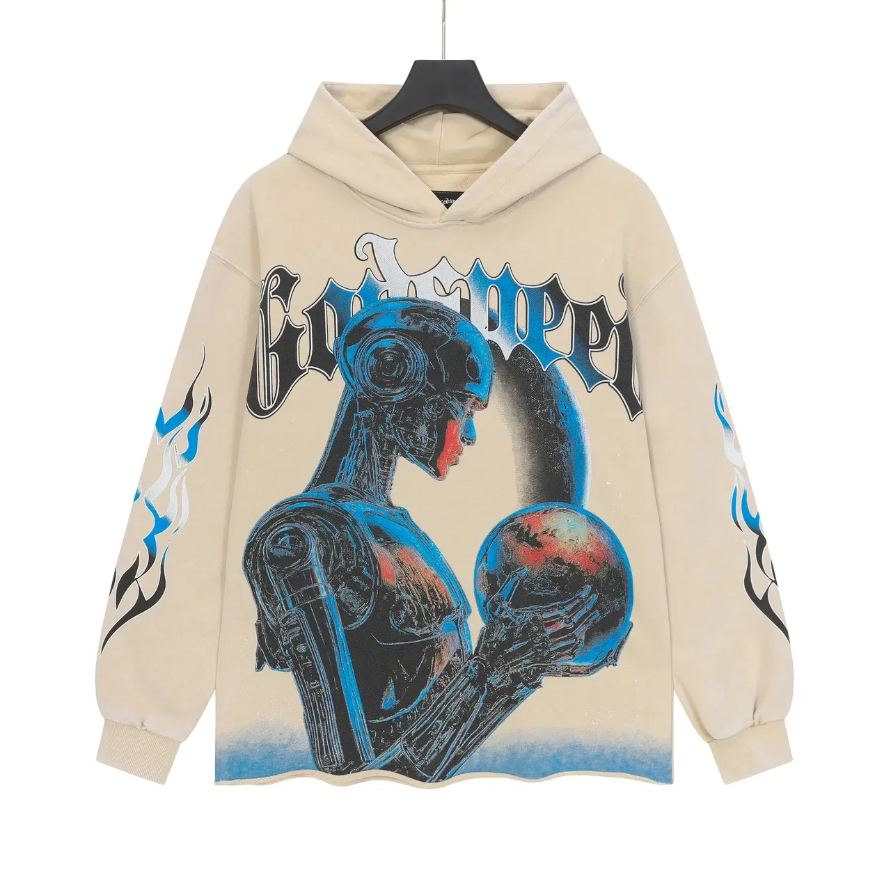 Hoodie Beige et Bleu Oversized avec Impression Graphique Avant et Arrière 2