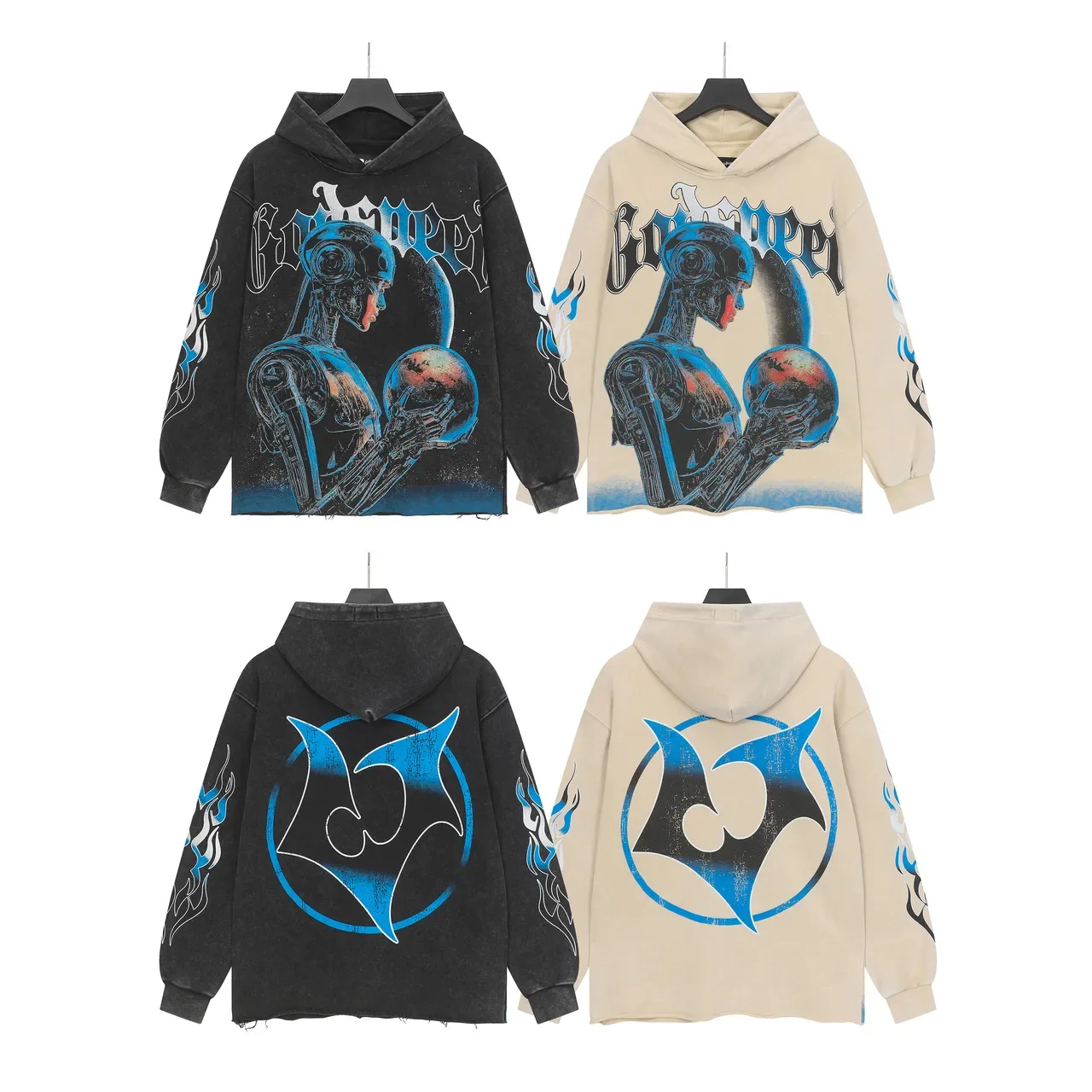 Hoodie Beige et Bleu Oversized avec Impression Graphique Avant et Arrière 4