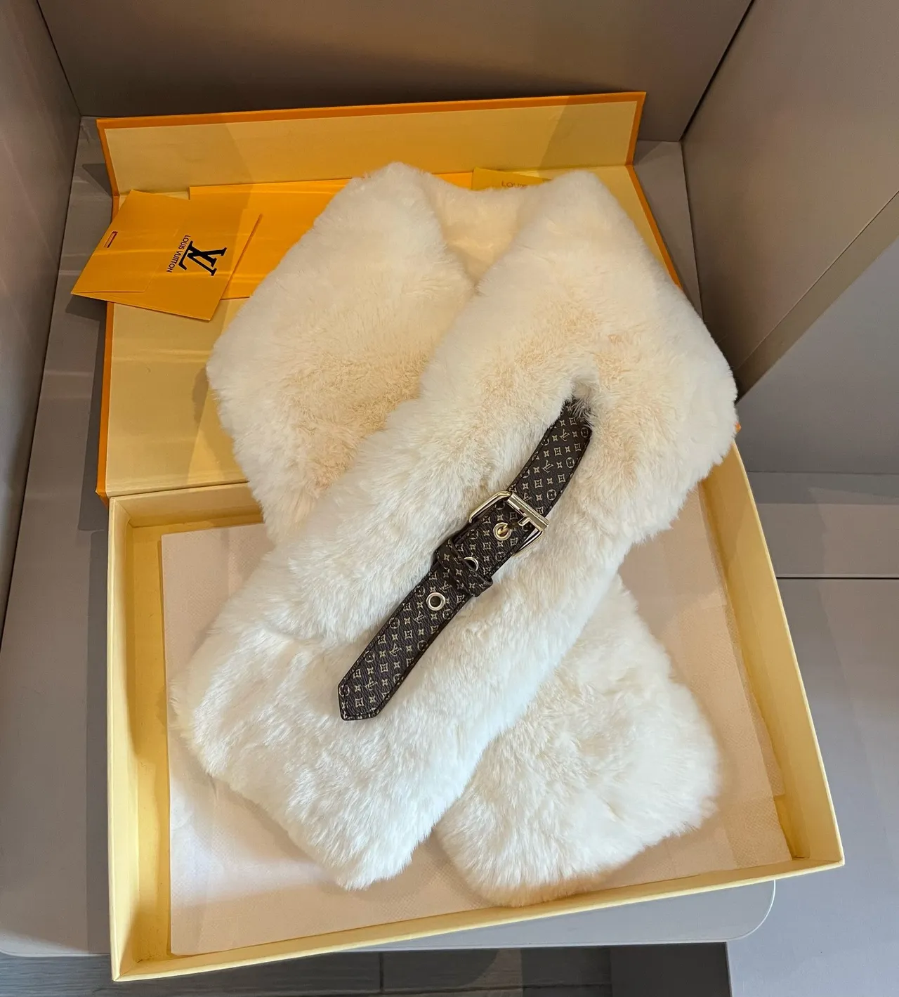 Beige Brown Plush Faux-Fur Belt-Accented Scarve 7