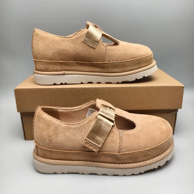 Beige Suede T-Strap Platform Mary Jane Shoes 5