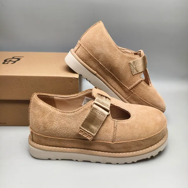 Beige Suede T-Strap Platform Mary Jane Shoes 6
