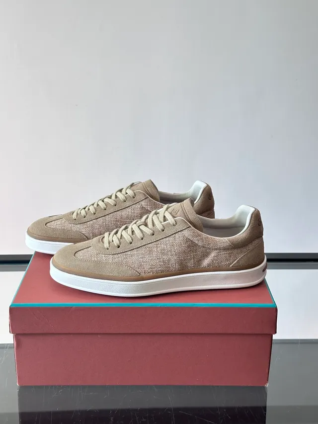 Beige Woven and Suede Low-Top Lifestyle Sneakers 5