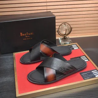 Berluti Black Brown Cross-Strap Leather Slippers
