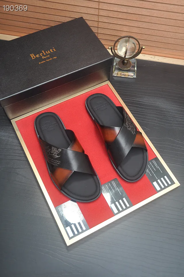 Berluti Black Brown Cross-Strap Leather Slippers 5