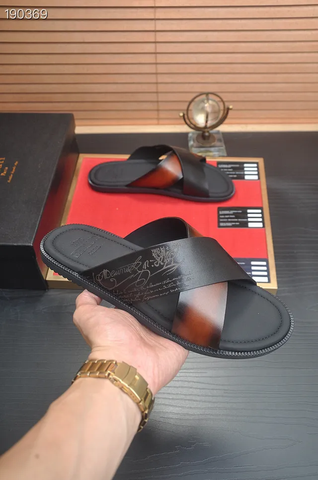 Berluti Black Brown Cross-Strap Leather Slippers 7