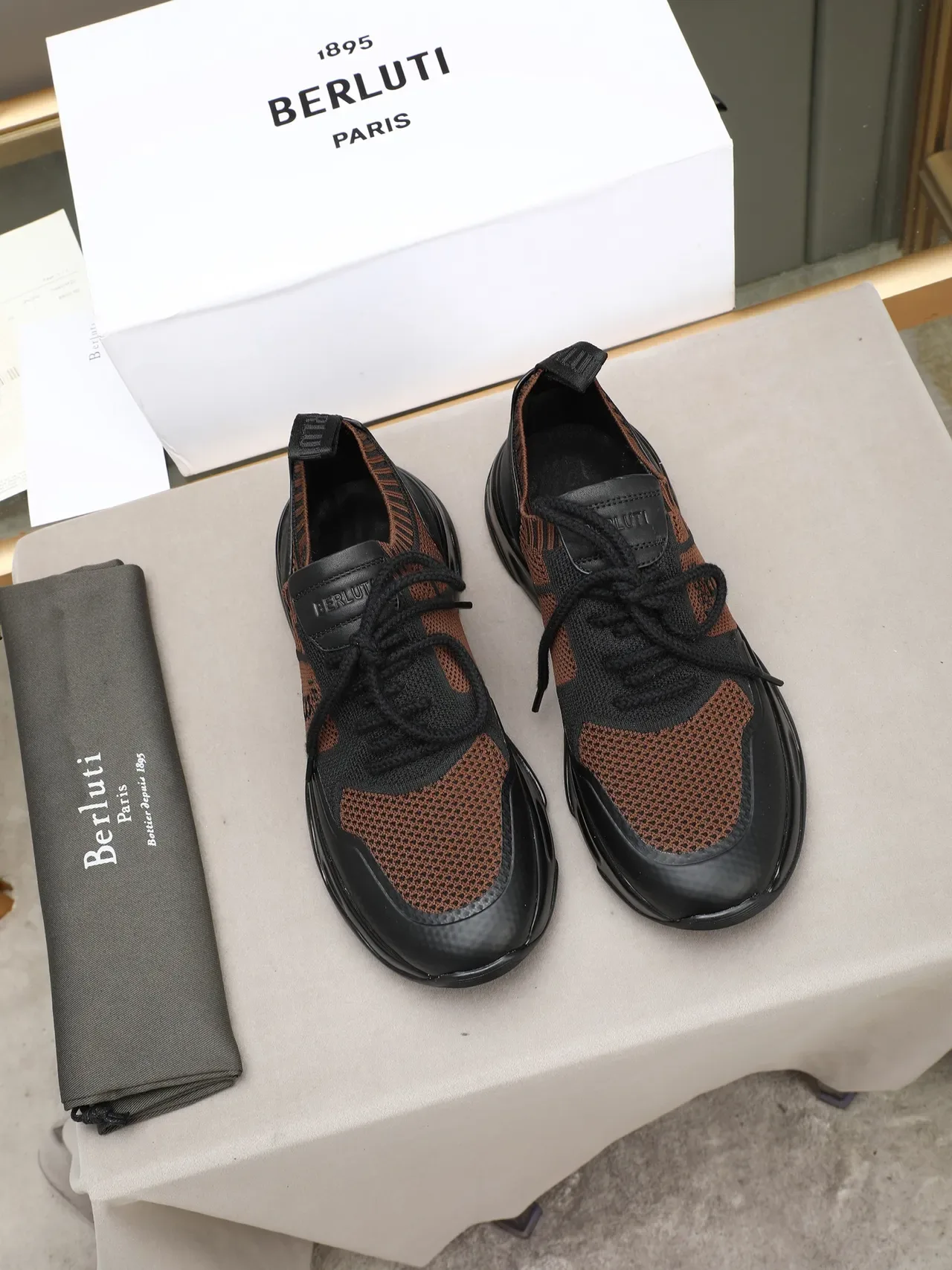 Berluti Brown Black Knit Mesh Upper Leather Overlays Lifestyle Sneakers 3
