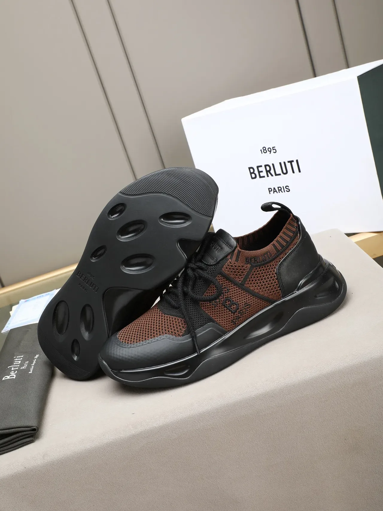 Berluti Brown Black Knit Mesh Upper Leather Overlays Lifestyle Sneakers 4