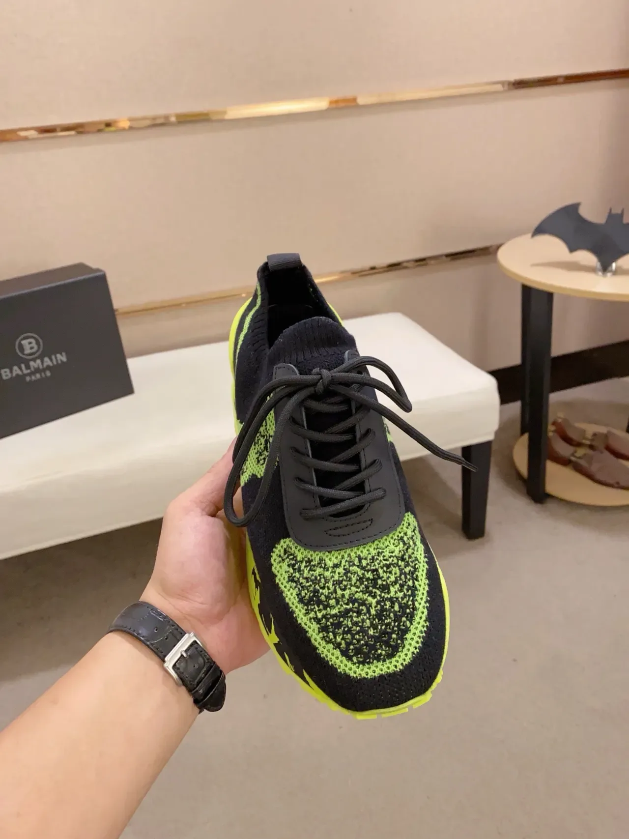 Black and Neon Lime Green Knit Sneaker 5