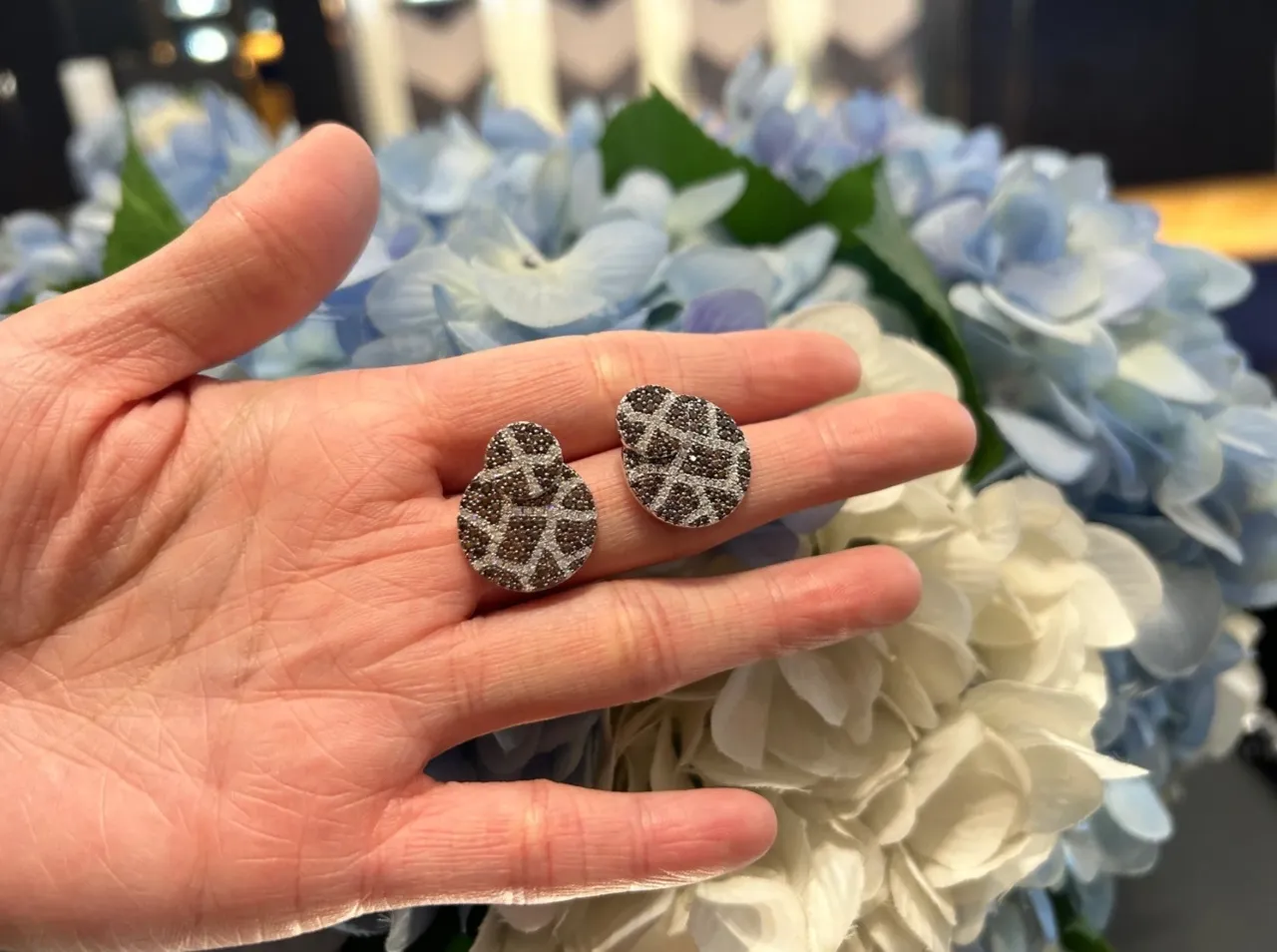 Black and Silver Geometric Lattice Pavé Stud Earrings 4