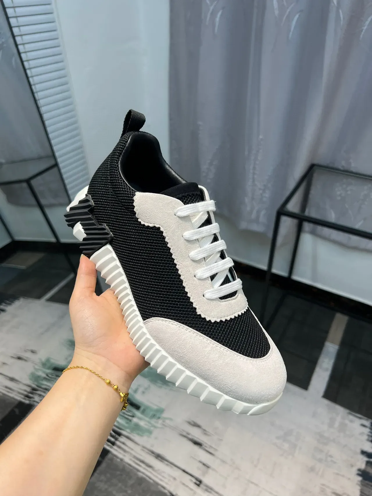 Black and White Mesh-Suede Low-Top Sneaker 6