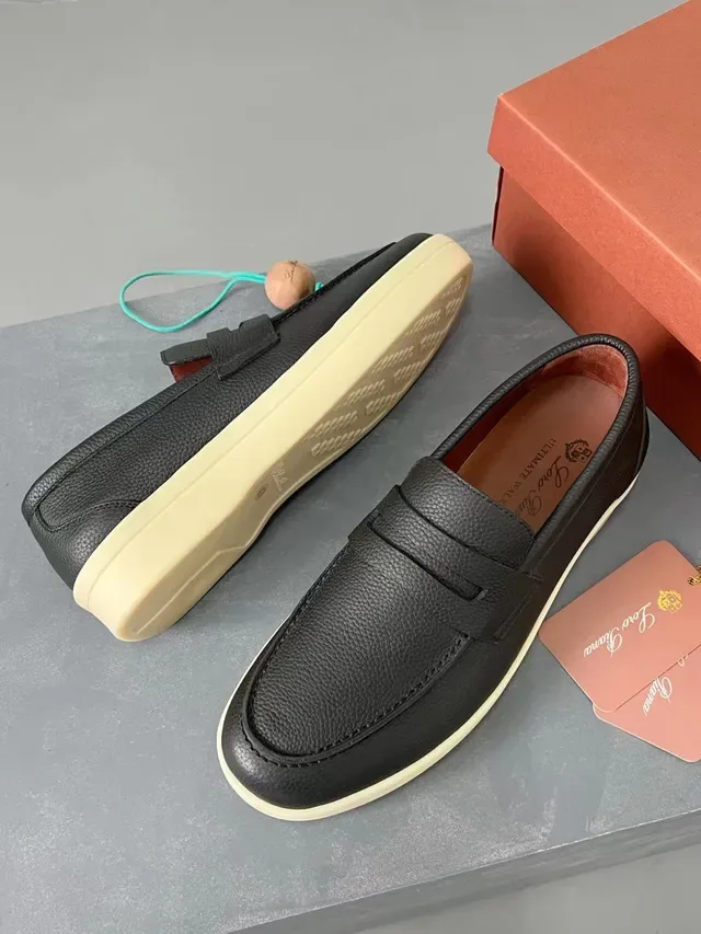 Black Beige Pebbled Leather Penny Strap Loafer 4