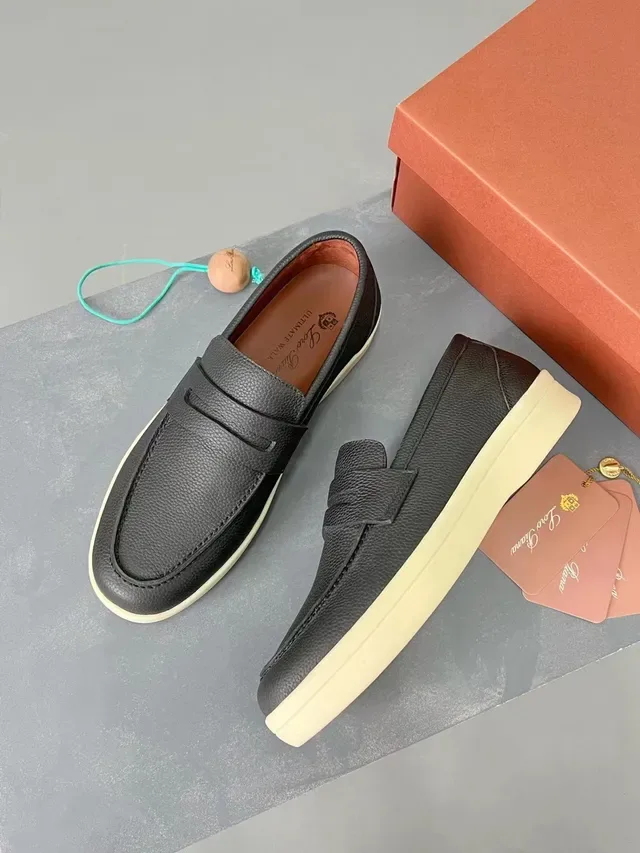 Black Beige Pebbled Leather Penny Strap Loafer 5