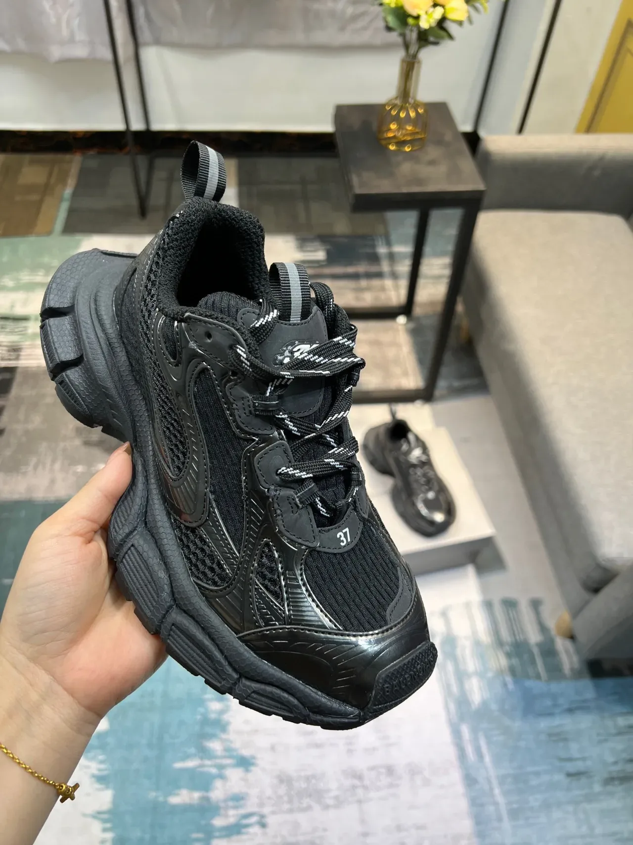 Black Chunky Sole Mesh and Synthetic Overlay Lifestyle Sneaker 6