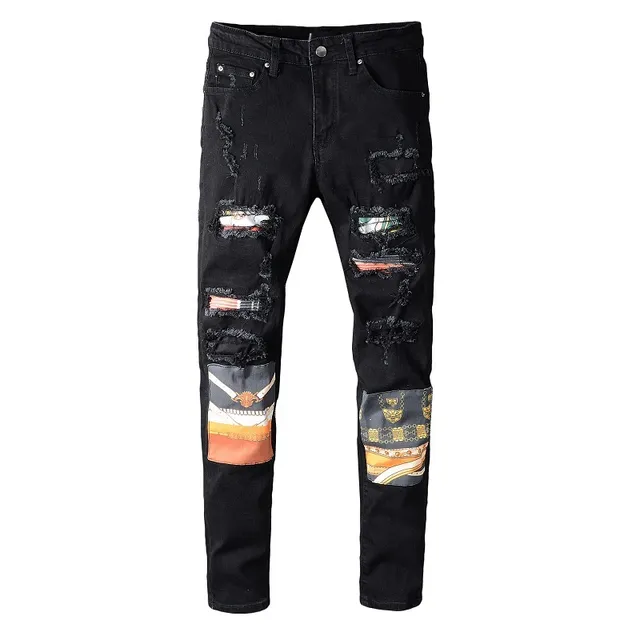 Black Distressed Patchwork Slim-Fit Jeans 11
