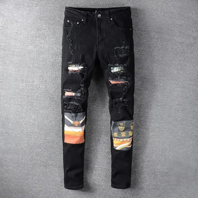 Black Distressed Patchwork Slim-Fit Jeans 12