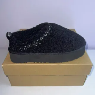 Black Fuzzy Shearling-Like Upper Woven Metallic Thread Detail Casual Shoes