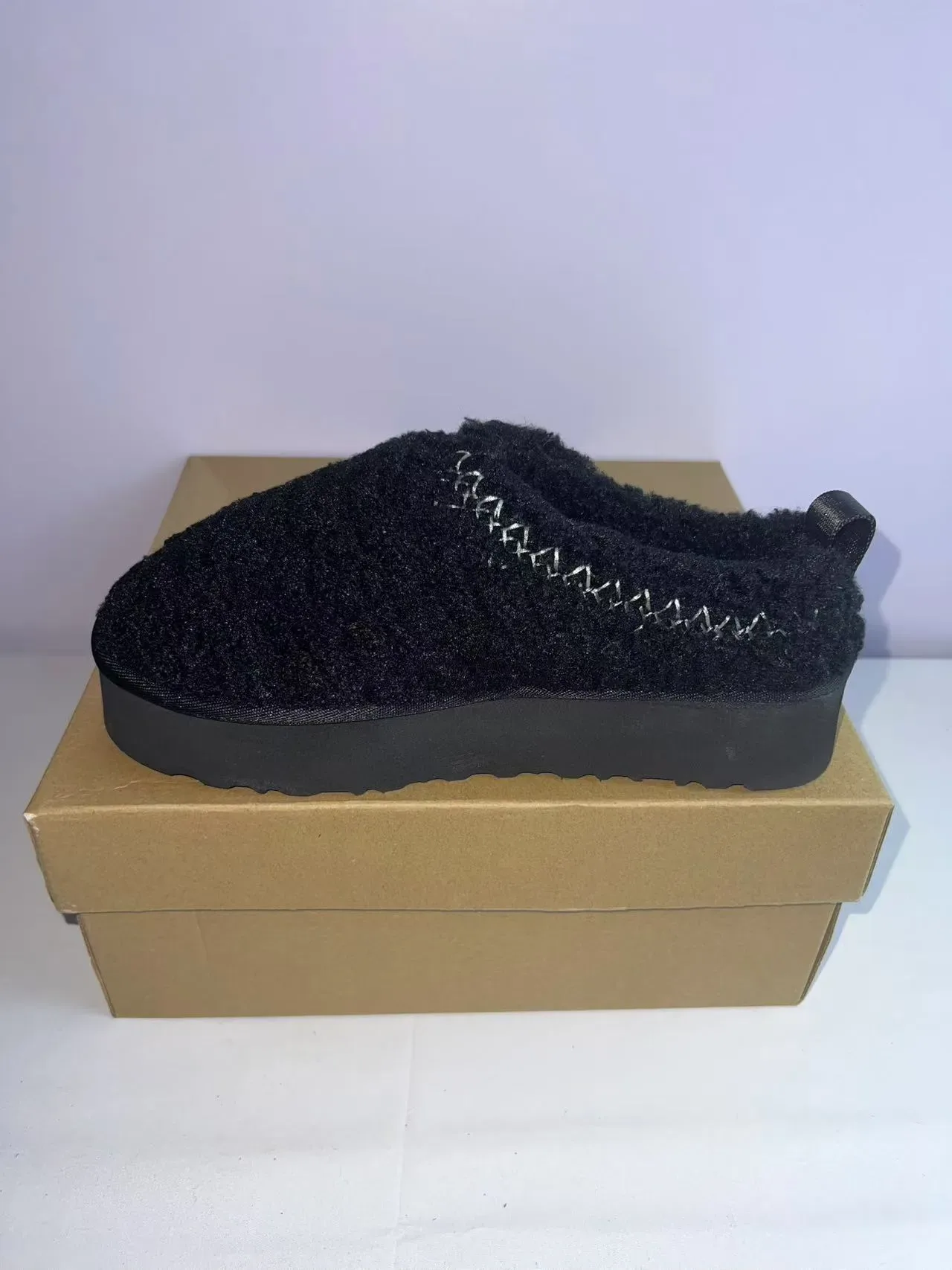 Black Fuzzy Shearling-Like Upper Woven Metallic Thread Detail Casual Shoes 4