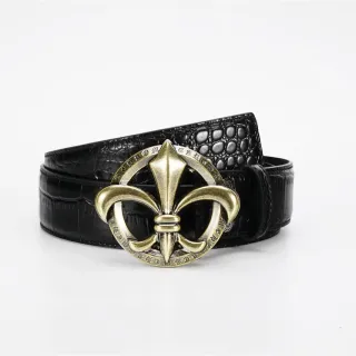 Cinturão de couro preto e dourado com alça embossada de crocodilo, fivela de latão antigo Fleur-De-Lis