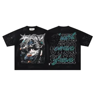 تي شيرت فني أسود أوفرسايز بطباعة جرافيك على الوجهين