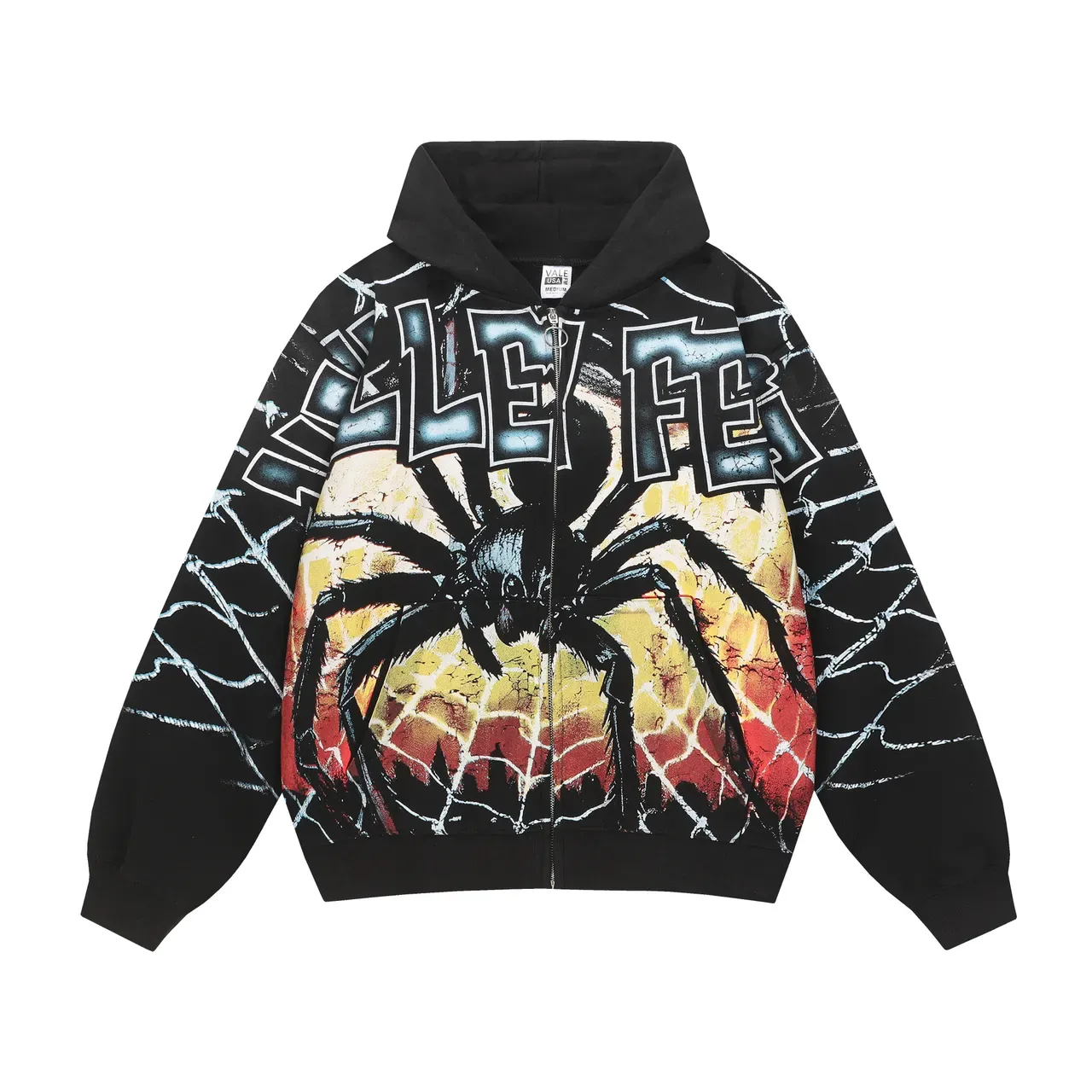 Black Graphic Spider Web Print Full-Zip Hoodie 6