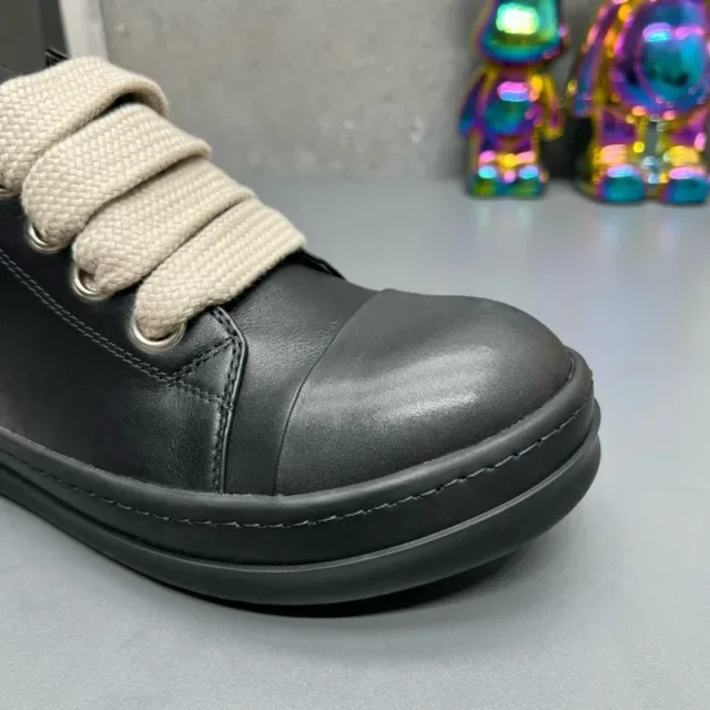 Black Leather Cap-Toe Strap-Lace Sneakers 5