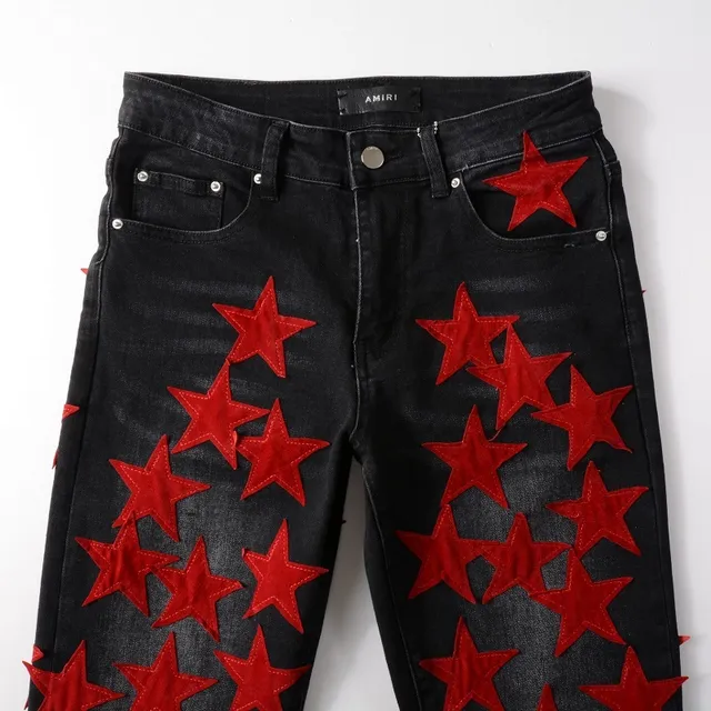 Black Red Star-Appliqué Distressed Knee Jeans 13