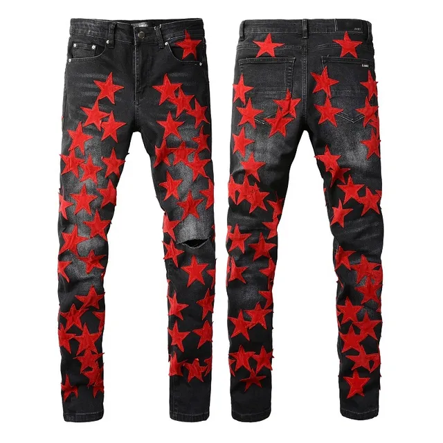 Black Red Star-Appliqué Distressed Knee Jeans 17