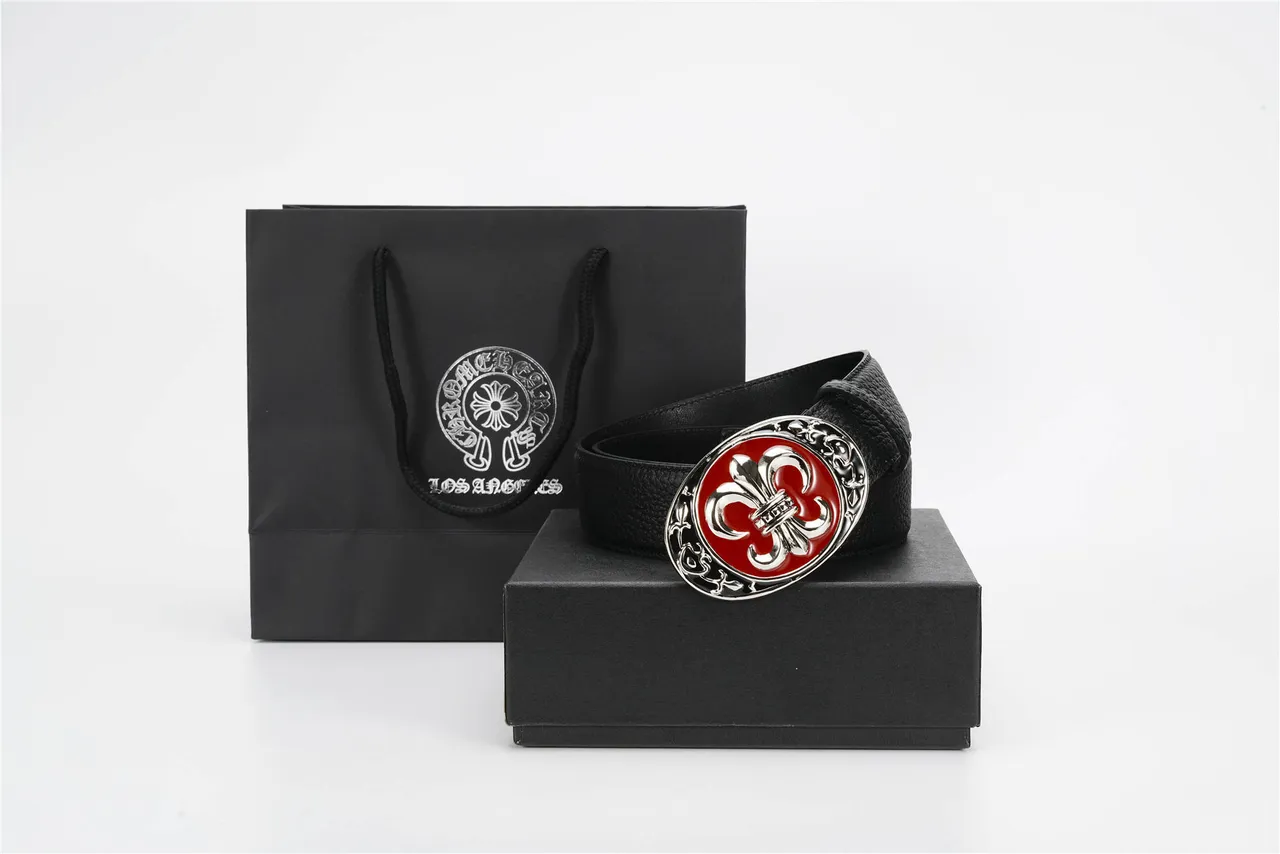 Black Red Textured Ornate Oval Buckle Leather Belt 4