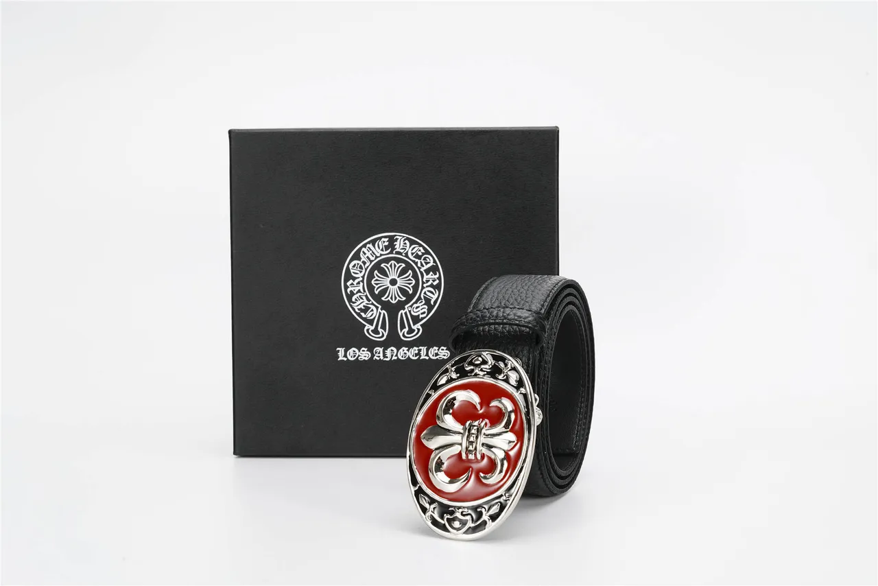 Black Red Textured Ornate Oval Buckle Leather Belt 5