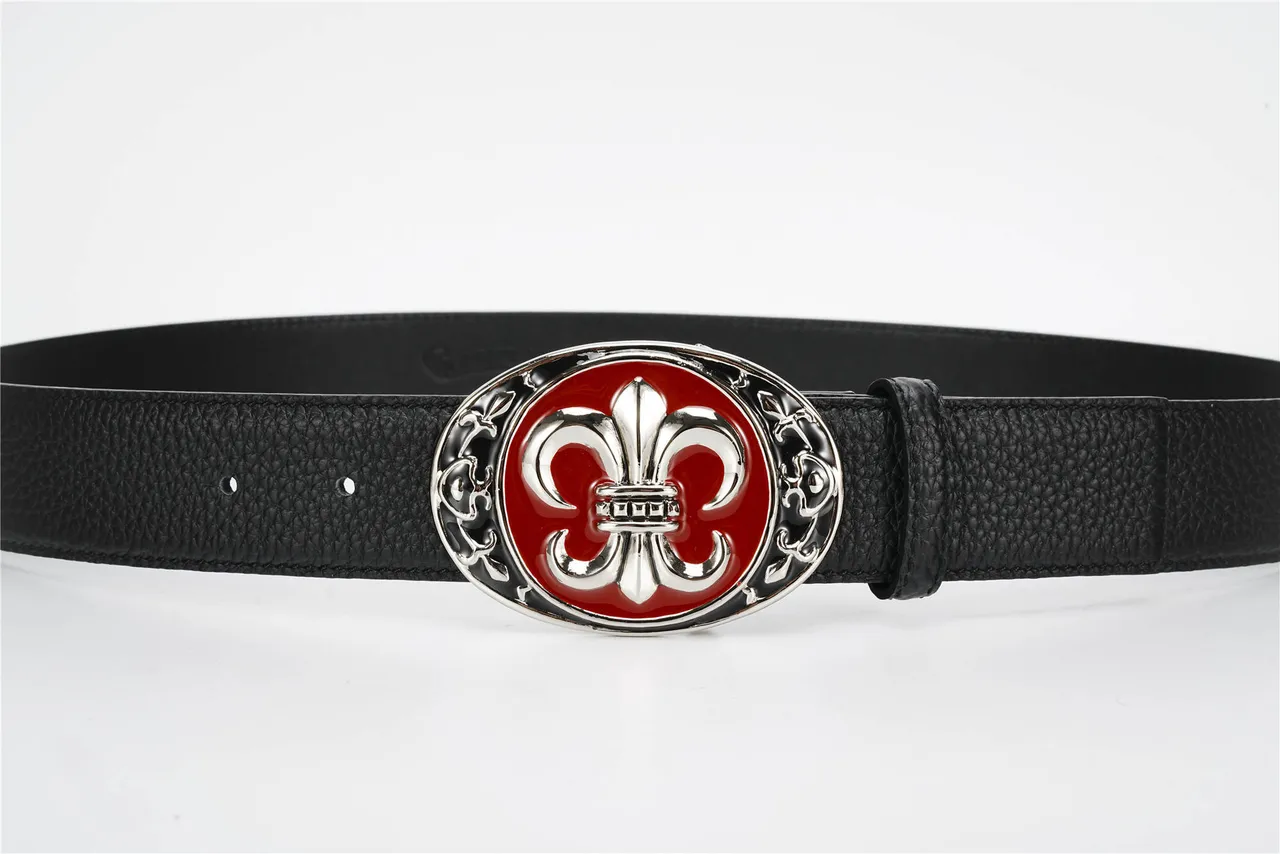 Black Red Textured Ornate Oval Buckle Leather Belt 8
