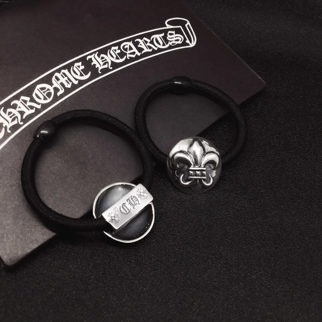 Black Silver Elastic Hair Tie Fleur-De-Lis Charm Bracelet 5