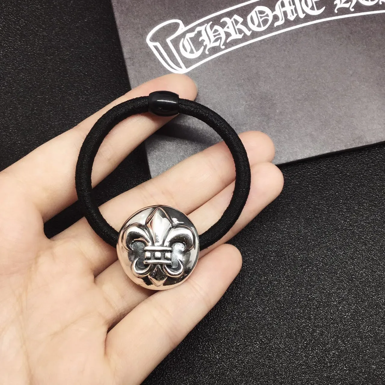 Black Silver Elastic Hair Tie Fleur-De-Lis Charm Bracelet 6