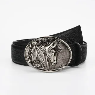 Black Silver Pebbled Antiqued Oval Buckle Leather Belt