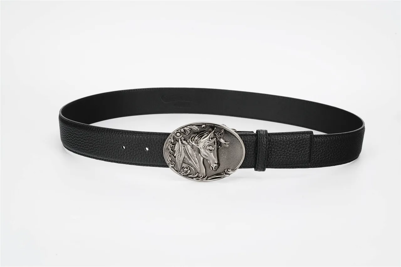 Black Silver Pebbled Antiqued Oval Buckle Leather Belt 9