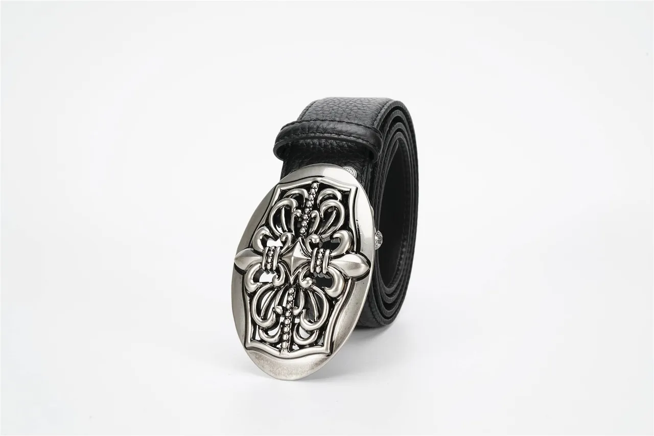 Black Silver Pebbled Ornate Buckle Leather Belt 6