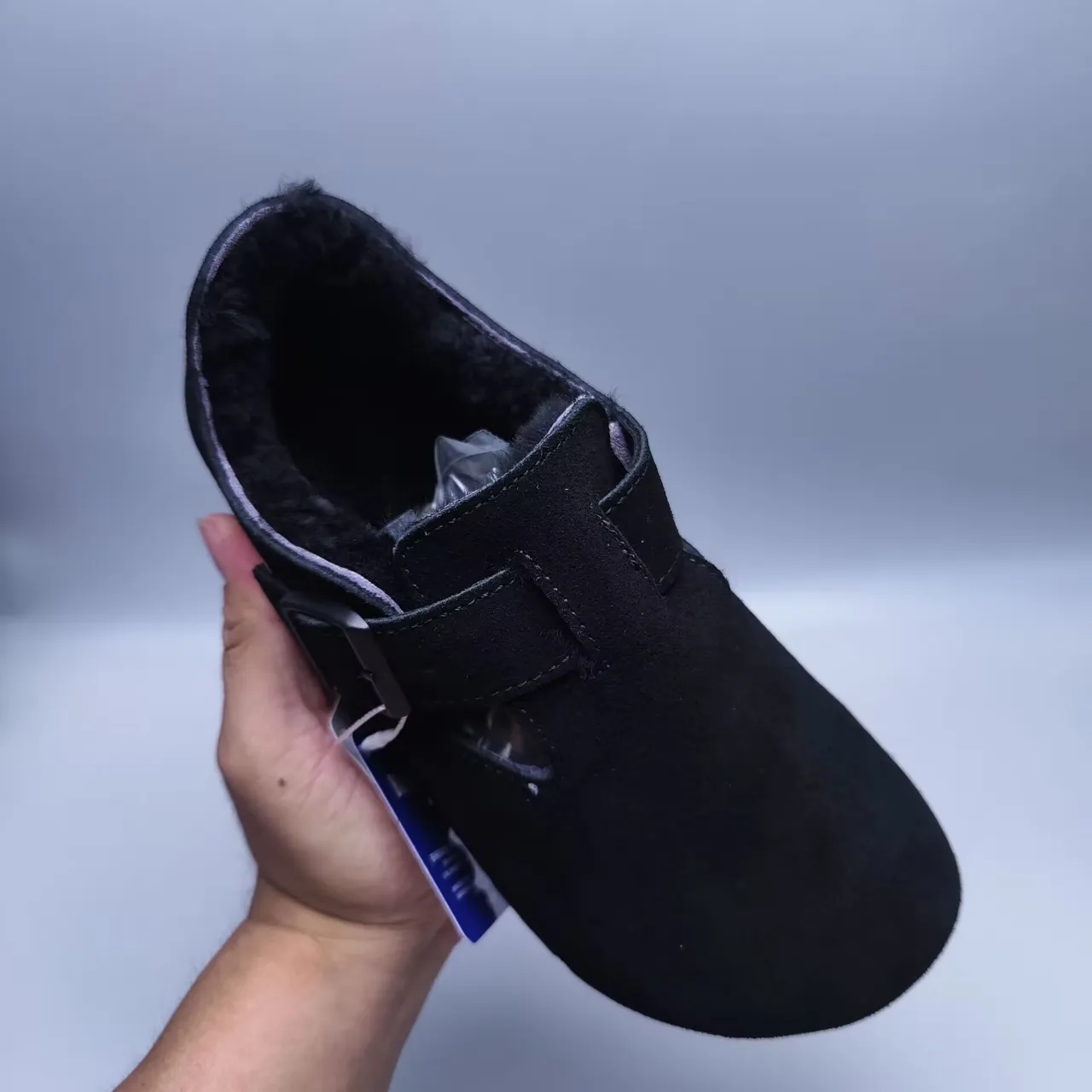 Black Suede Shearling-Lined Buckle Strap Mary Jane Shoe 7