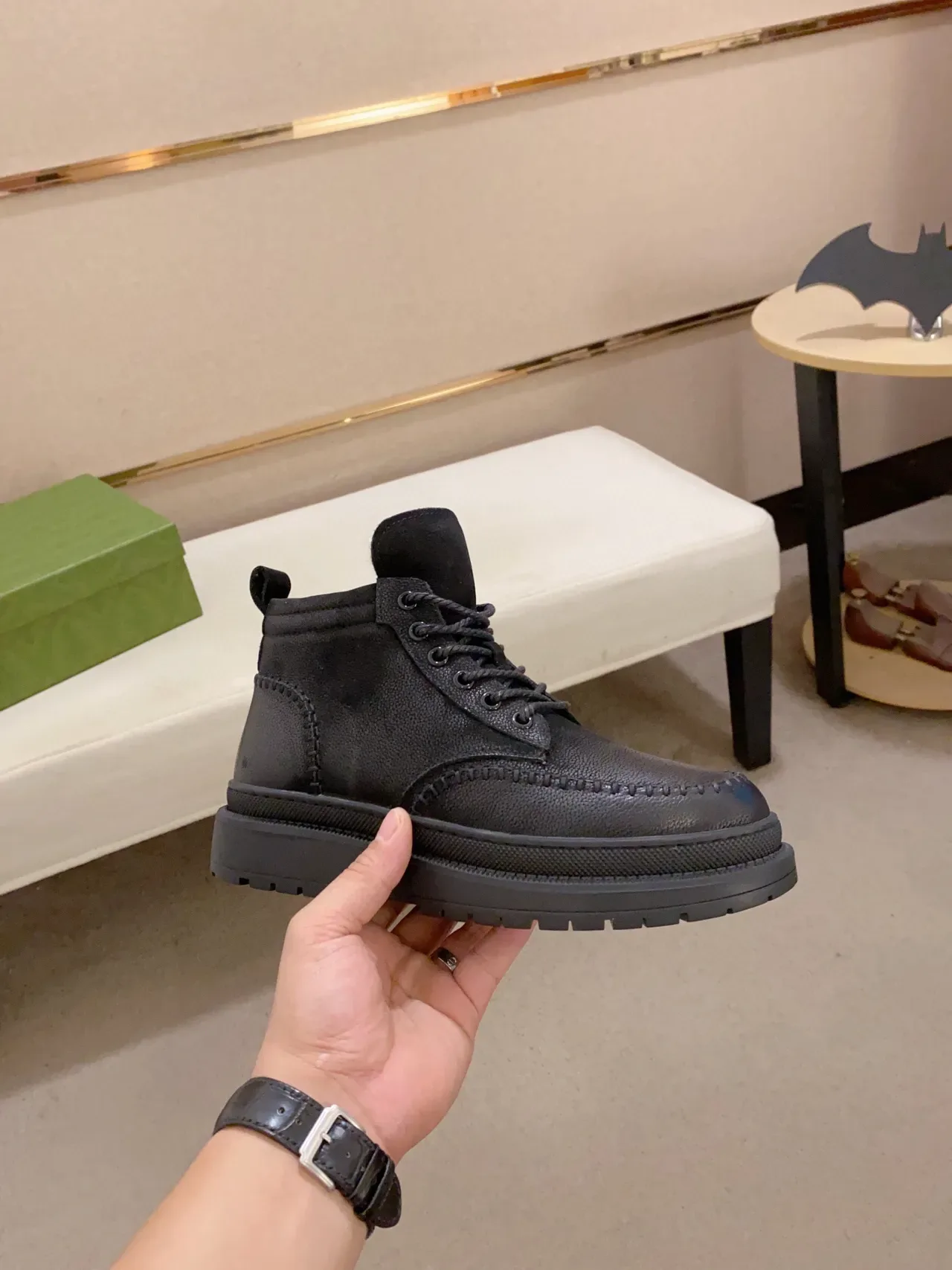 Botines cheville plateforme cuir texturé noir orteil Moc-Toe 7