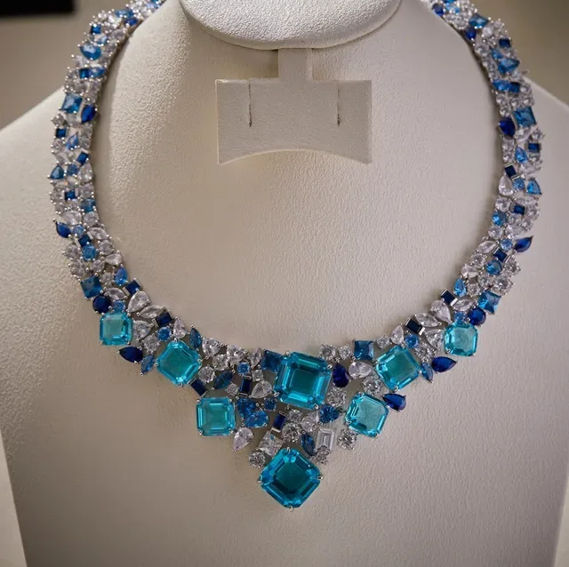 Blue and Clear Gemstone Bib-Style Multi-Tier Necklace 5