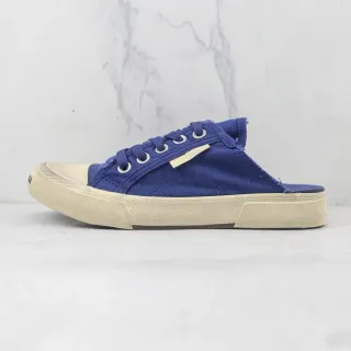 Blue Beige Lace-Up Front Open-Back Mule Canvas Shoes