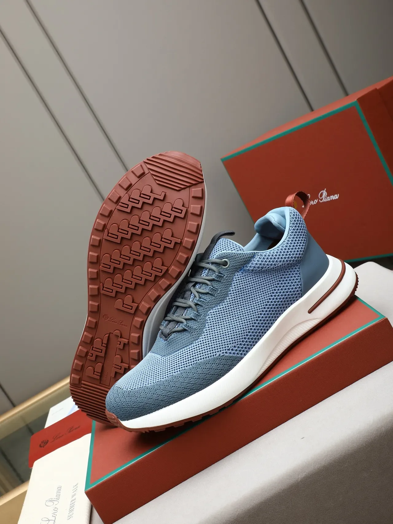 Blue Brown Knit Upper Chunky White Midsole Sneakers 4