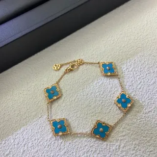 Blue Gold Chain Five Enamel Quatrefoil Charms Bracelet